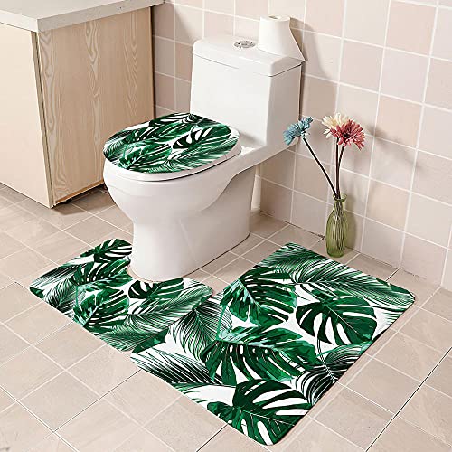 daogefi Badematte Set 3 Teiliges Badezimmerteppich Weißgrüne Blätter Badgarnitur rutschfest Badezimmer Weich Badvorleger…