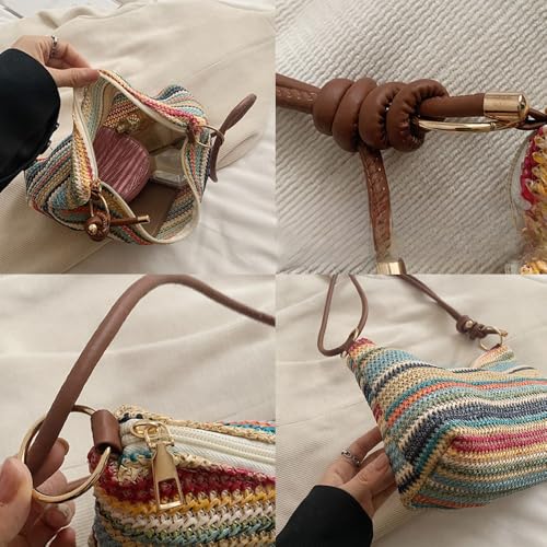 Image of Women's Woven Beach Shoulder Handbag Colorful Straw Tote Bag Summer Vacation Crossbody Bag