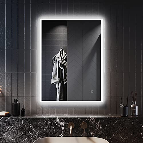 ELEGANT Backlit Illuminated Bathroom Mirror with Shaver Socket, 500x700mm Wall Mounted Bathroom Vanity Mirror with 3 Colors Tempreture and Demister Pad, Horizontal/Vertical LED Dimmable Smart Mirrors