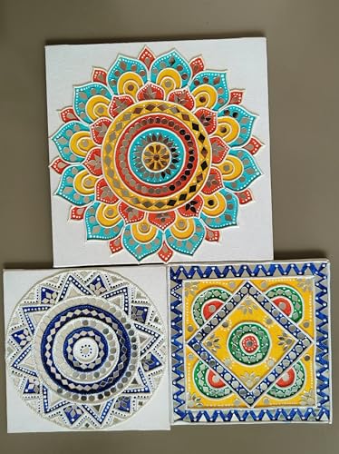 Image of HobbyNest DIY Lippan Art Kit - Mandala Design | 3 Pre-Outlined Canvas Boards | Complete Mud Mirror Craft Kit | Hobby Kit for Beginners | Wall Decor | Gift (Mandala Set)