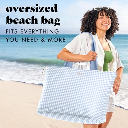 Image of Fit & Fresh XL Beach Tote Bag for Women - XL Travel Tote with Zipper & Pockets, Oversized Canvas Pool Bag, Weekender Carry-On