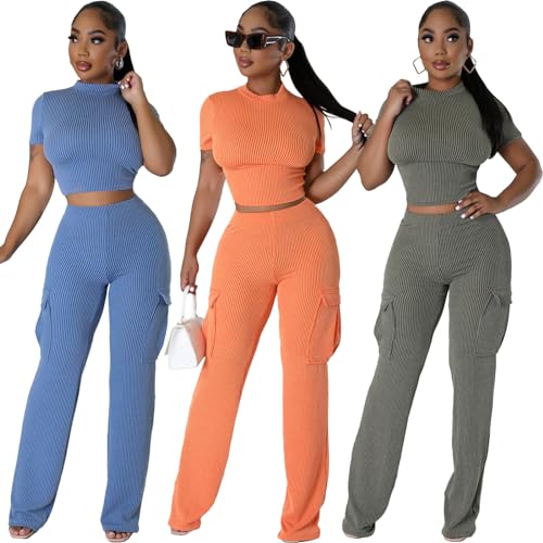 CALEBGAR Women 2 Piece Outfits Sexy Wide Leg Cargo Pants Sets Short Sleeve Ribbed Tops4