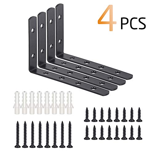 STARVAST Black Shelf Bracket, 4 Pcs Wall Shelf Bracket L Shape Right Angle Corner Bracket 125mm x 75mm x 20mm Metal Wall Support Corner Brace with 24 Pcs and 8 Pcs Anchors (Black)