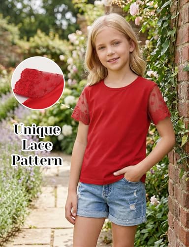 Image of Noomelfish Girls Lace Short Sleeve T-Shirts Kids Summer Cute Tops Blouse(5-12 Years)