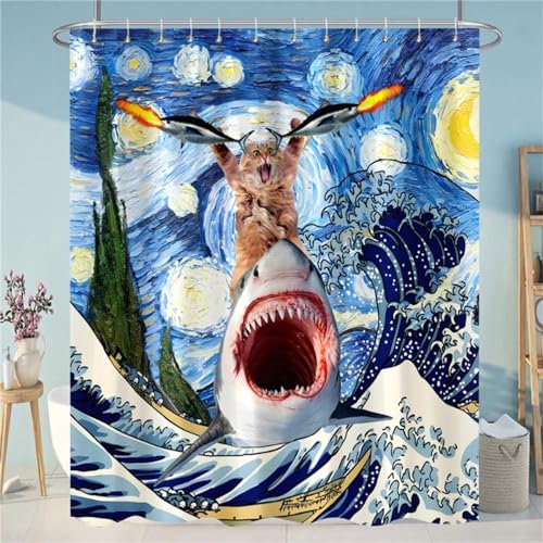 FABTOP Rideau de Douche Amusant - Motif Chat Cool, Requin, Poisson, Mer - Étanche - 180 x 180 cm