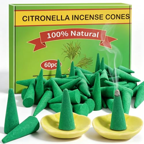 60 Stück Citronella Räucherkegel Räucherkerzen Zitronengras mit 2 Keramikschalen Citronella Incense Cones für für Camping Draußen Terrasse Garten Balkon Picknick Angeln Zitronengraskerzen