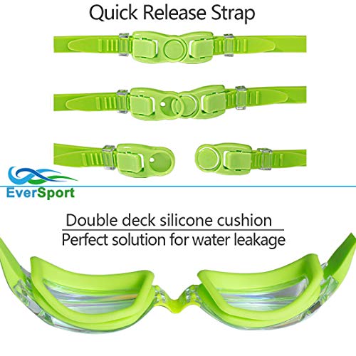 EverSport Kids Portable Swim Goggles, Pack of 2 Swimming Goggles for Children Teens, Anti-Fog Anti-UV Youth Swim Glasses Leak Proof for Age4-16, Green/Black & Green by EverSport - Image 5