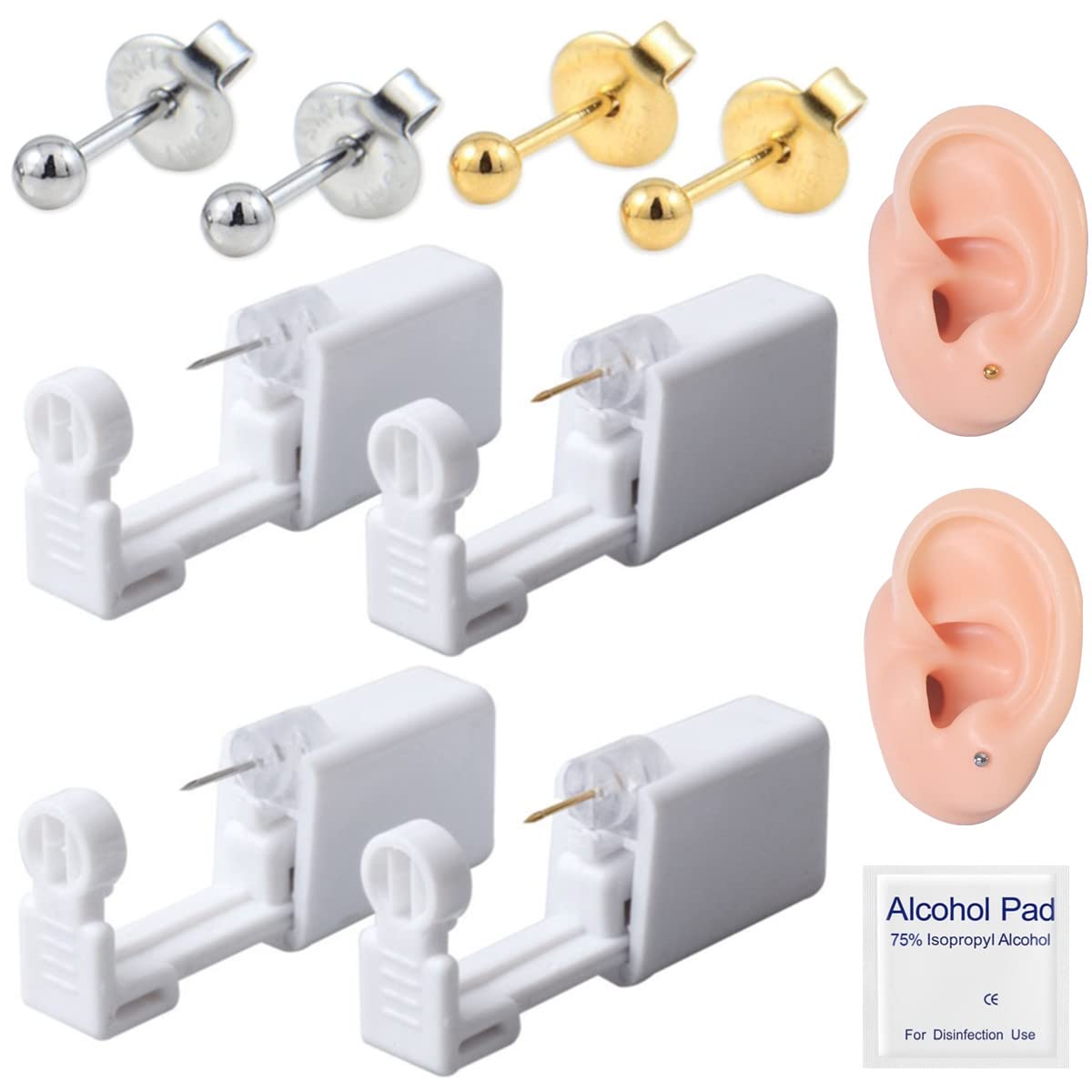 Suskriyocic4 Pack Self Ear Piercing Gun Kit with Built-in Earring Disposable Ear Stud Gun Kit Asepsis No Pain Safety Tool for Girls Women Men, Silver Gold