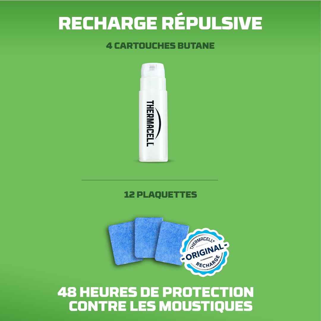 THERMACELL Recharge Anti Moustiques et Moustiques Tigres - 15m² - 48h | Compatible Diffuseurs, Nomades et Lanternes - 4 Cartouches Gaz + 12 Plaquettes - THNATRECHARGE48
