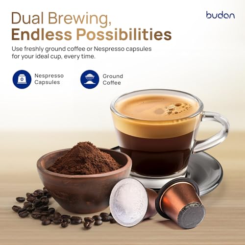 Image of Budan Bolt Espresso Machine | 19-Bar Pump | Milk Frother Wand for Espresso, Cappuccino, Latte & Mocha | Adjustable Frothing | Stainless Steel | Midnight Black | 1-Year Home Use Warranty only | 19 Bar Pump, Milk Frother Steam Wand for Cappuccino, Latte, 1450W Quick Heating, 1-Year Home Use Warranty
