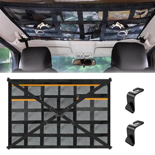 Red Techo Furgoneta Camper, 90×65cm Red Techo Camper para Coche, Red Almacenamiento para Techo de Coche, con Correas Cruzadas Ajustables y 3 Bolsillos con Cremallera, para SUV, Jeeps, Caravanas