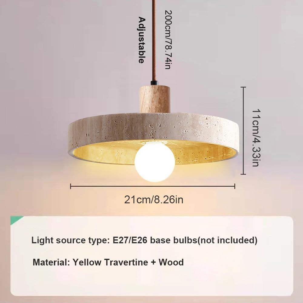 Pendelleuchte aus Japanischem Gelbem Travertin, Hängelampe aus Rundem Naturstein im Nordischen Stil mit Holzdetail Kronleuchter für Kücheninsel Schlafzimmer Nachttisch(Wood)