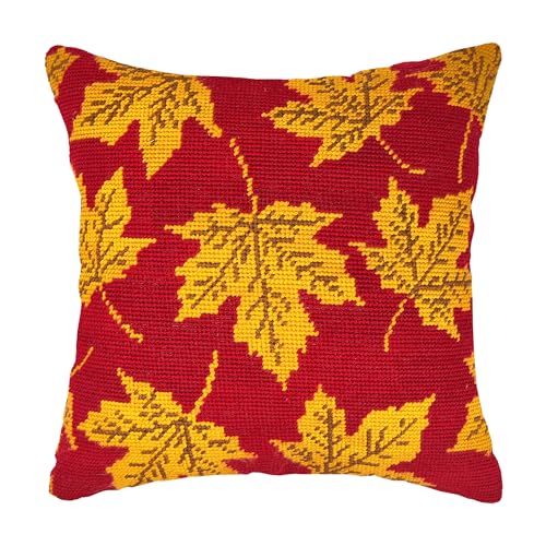 Howie's Needlepoint Needlepoint Kits for Adults, Pillow Front Cross Stitch Kit with Embroidery Pattern on Canvas, Yarn, 2 Needles and Instruction, 16 x 16inch(Maple Leaf)