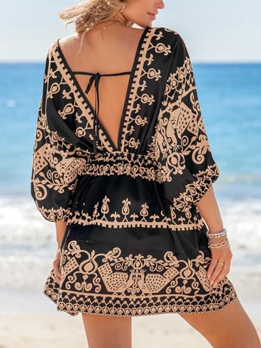 Image of CUPSHE Women's Plunging V Neck Backless Beach Dress Paisley Boho Blouson Sleeve Back Tie Waist Tie Mini Summer Dresses