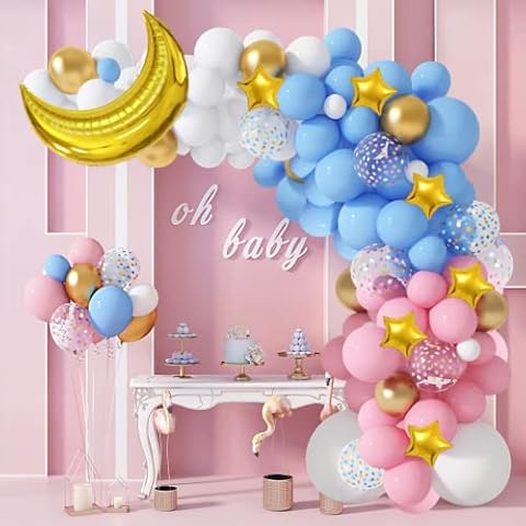 126Pcs Gender Reveal Party Supplies Pink and Blue Balloon Garland Arch Kit, Gold Moon&Stars Foil Confetti Pastel White Balloons for Birthday Boy or Girl Gender Reveal Baby Shower Decorations Cover