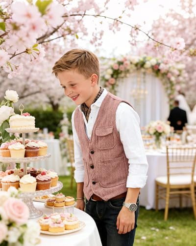 Image of Retro Boys Tweed Vest for Kids Formal Dress Herringbone Suit Vest for Toddler Boy Wedding Waistcoat