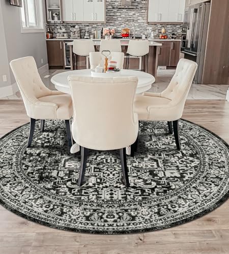 vivorug Round Rug 5ft Vintage-Inspired Round Area Rug Non-Slip Indoor Carpet for Living Room Bedroom Entryway, Stain Resistant Home Decor Circle Rug, Black and White