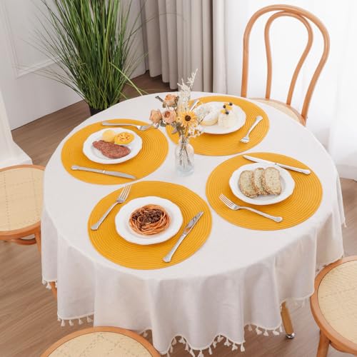 Image of SHACOS 15 inch Round Braided Placemats Set of 6 Non Slip Washable Kitchen Table Place Mats Cotton Polyester Heat Resistant Table Mats for Home Wedding Dinner Party Table Decor, Mustard Yellow