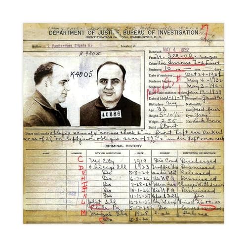 Photo Al Capone casier judiciaire toile vintage pour deco salon et bureau retro