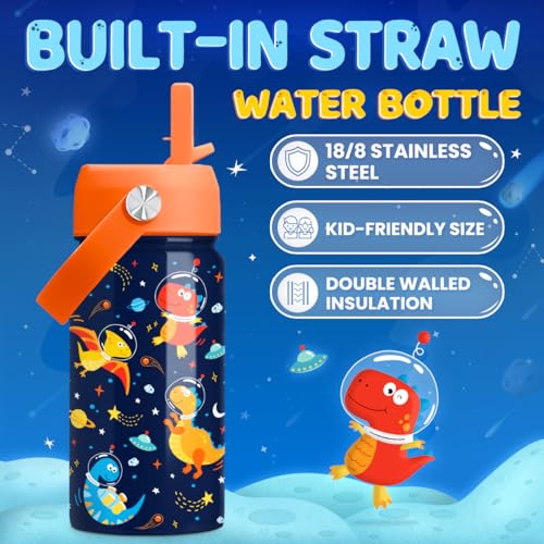 Image of Kids Water Bottle with Straw Lid - 12 Oz Insulated Stainless Steel Dinosaur Water Bottles for Kid Boys - Travel Cup for School Sports