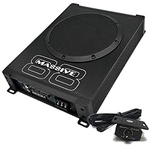 Massive Audio BOOM88 400W Powered Hideaway Subwoofer | Ultra-Slim Underseat Active Sub, Built-in Class A/B Amp, Remote Bass Knob, High/Low Inputs, Compact Car Audio Bass System