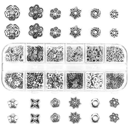 Silver Spacer Beads Caps LEEFONE 360 PCS 12 Styles Tibetan Alloy Bead Spacers for Jewelry Making DIY Bracelets Necklace Supplies
