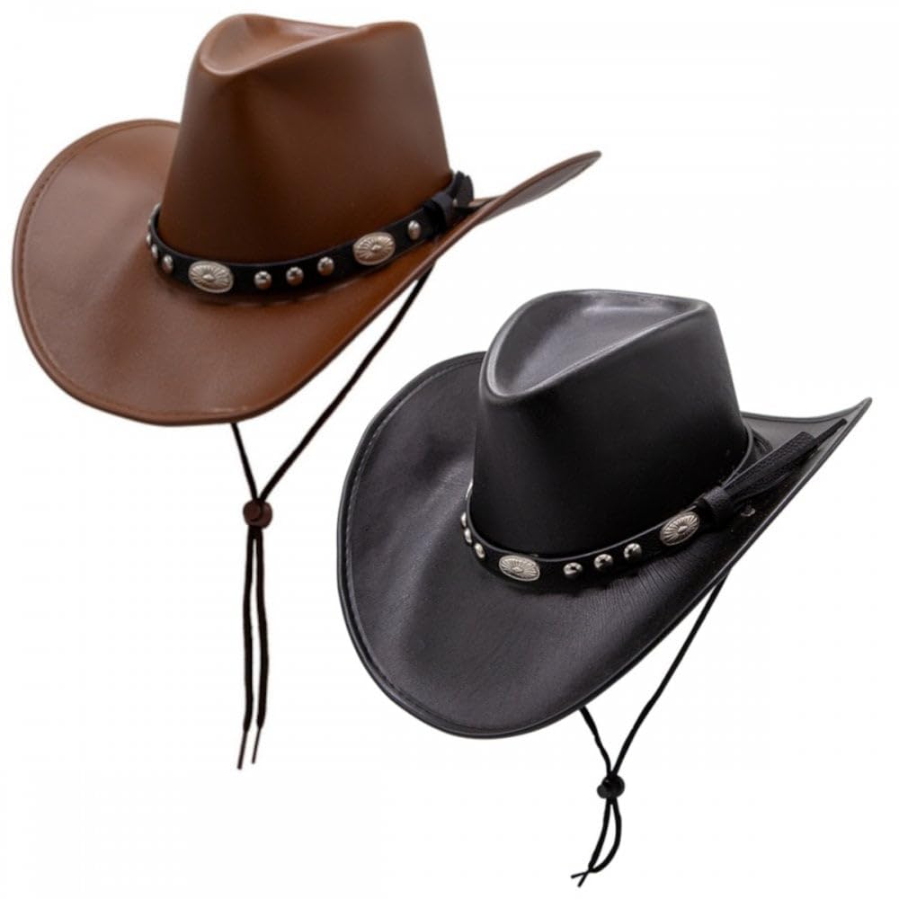 Titch & Timbo Adult Texan Cowboy Hat 2 Pack (Multiple Options) : Fancy Dress Party Accessory Country Western Rancher Wild West Music Festival (Deluxe Faux Leather, Black,Brown)