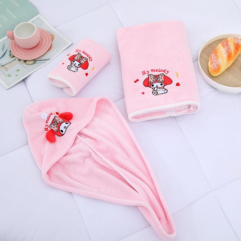 3PCS Kawaii Microfiber Hair Towel Set – Cute Cartoon Design Bath Towel, Hair Wrap, and Cap – Super Absorbent & Quick Dry for Women and Girls (Pink)