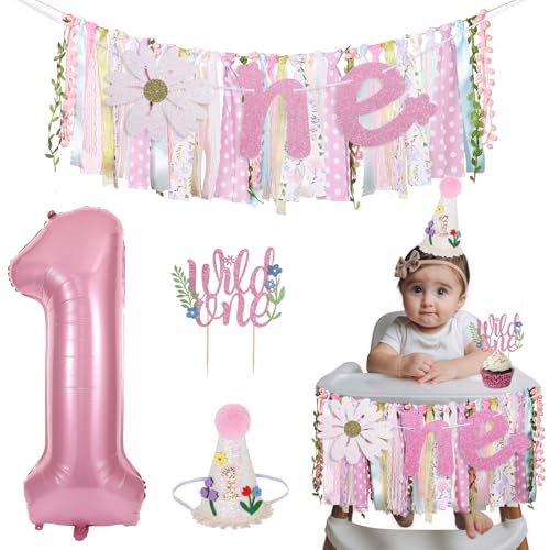 Image of Wild One Flower Highchair Banner for First Birthday Party Decorations | Pink Floral High Chair Tassel Banner for Girls Baby Shower Wildflower Fabric Banner One Birthday Backdrop Decorations