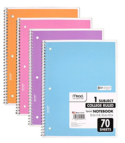 Mead Spiral Notebook 4 Pack of 1-Subject College Ruled, Pastel Color COLOR WILL