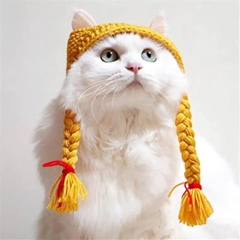Pet Costume Hat Cosplay Cap, Cat Supplies Headwear Puppy Cap Braid Hand Knitting Cute Cat Dog Hat for Pet Kitten Puppy Birthday Christmas and Halloween (Yellow) Cover