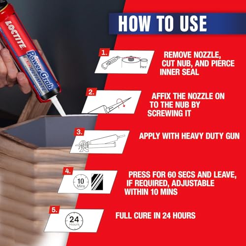 Image of Loctite Power Grab All-Purpose Construction Adhesive, high strength, high tack, gap-filling adhesive, No-nails and screws, Bonds to wood, MDF, concrete, glass, marble, granite, stone,brick,460g*2