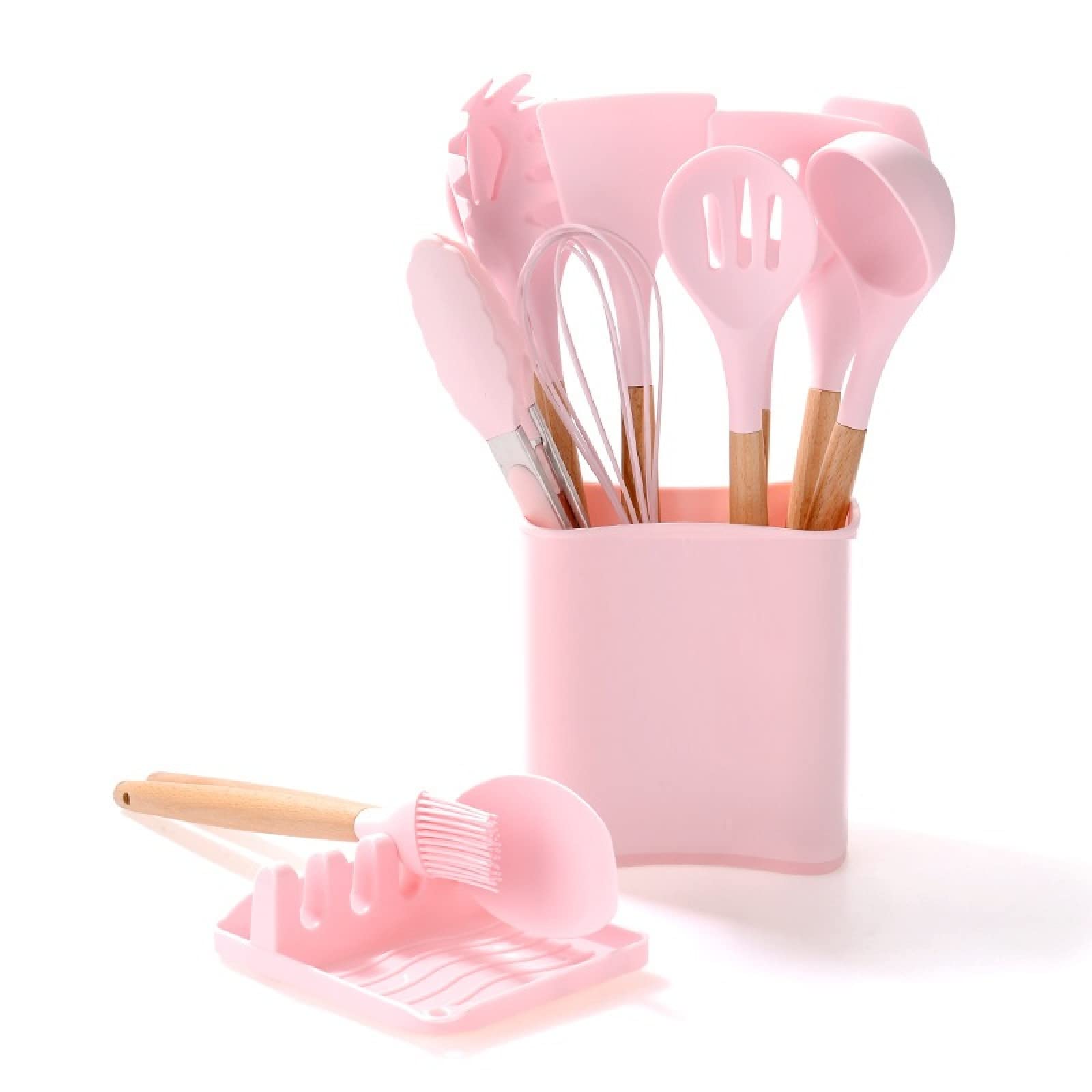 GTHTUHFD Cooking Spatulas And Spoons,Spoon Setcooking Utensils Set Silicone Kitchenware Scraper Oil Brush Egg Whisk Spatula Cooking Utensil Multipurpose Cookware,13pcs Pink