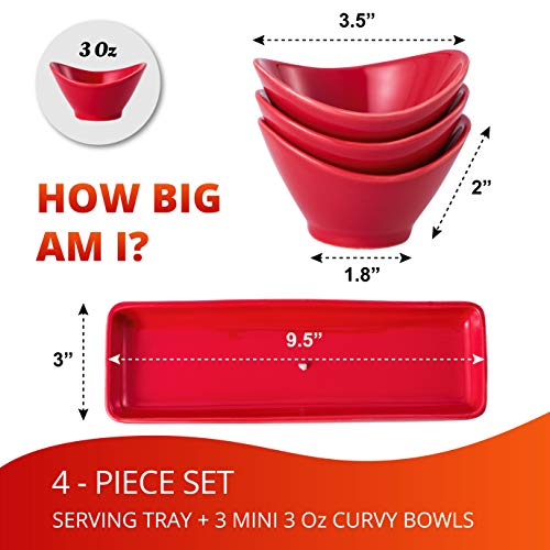 Bruntmor 4-Piece Porcelain Curvy Serving Bowl Set With Tray In Red, Porcelain Chip And Dip Bowls, Small Porcelain Dish Set For Snacks, Nuts, Chip And Dip At Party, Thanksgiving And Christmas #TOP2