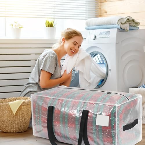 87L Aufbewahrungstasche, Heavy-Duty Umzugstaschen mit Reißverschluss und Griff, Wasserdicht Umzugskartons groß, Faltbar Umzugstaschen für Bettwäsche, Bettdecken & Kleidung (6 Pack-Clear & Black)