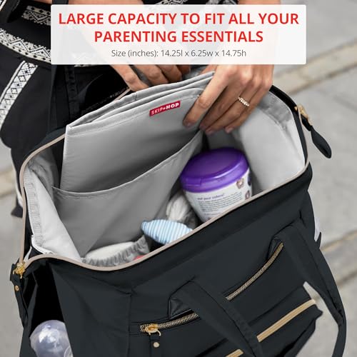 Image of Skip Hop Diaper Bag Backpack: Mainframe Large Capacity Wide Open Structure with Changing Pad & Stroller Attachement, Black with Gold Trim, 14.25x6.25x14.75 Inch (Pack of 3)