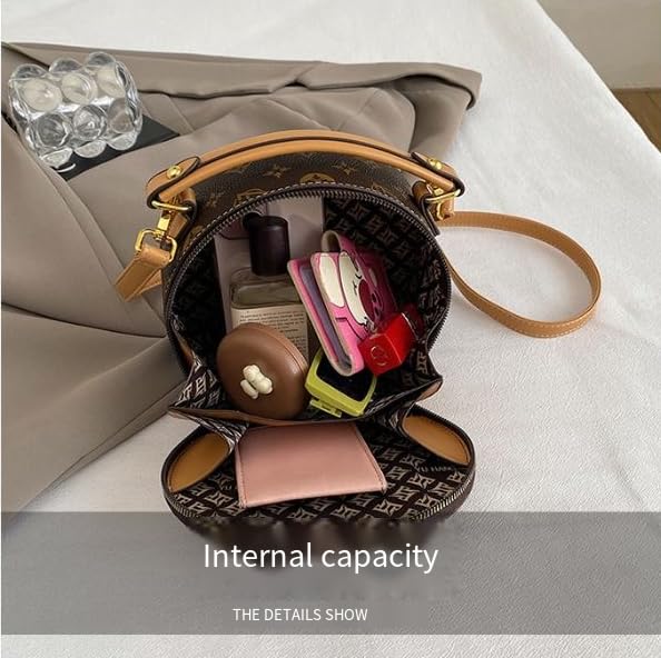 Designer Round Crossbody Handbag, Monogram Print, Brown and Tan with Cat Charm, Gold Hardware 6