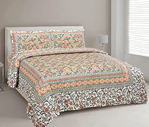 Urban Jaipur Floral Prints 210 TC Bedsheet Double Bed with 2 Pillow Covers (93 * 108 inches, Orange, Green, Cotton)