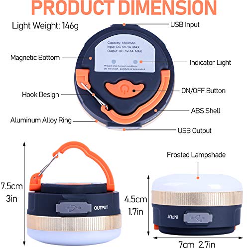 Pack of 2 Camping Lights Lanterns, USB Rechargeable LED Tent Light with Magnetic Base, 4 Modes with Hooks, Portable Waterproof Outdoor Camping Lantern for Hiking, Fishing, Emergency - Image 3