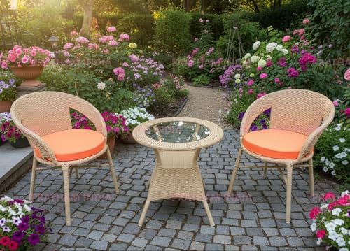 Image of India Outdoor Indoor Patio Furniture Sets Rattan Chair Patio Set Conversation Set Poolside Lawn Chairs Swingarea Balcony Outdoor Garden Furniture Chair (Honey with Orange Cushion 2+1)