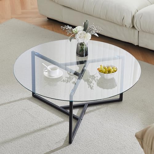 CLIPOP Circle Coffee Table with Tempered Glass Top, Stylish Round Glass Coffee Table with Adjustable Feet & Triangle Structure Metal Frame, Perfect for Living Room, Home Office(Clear Glass Top) - Image 4