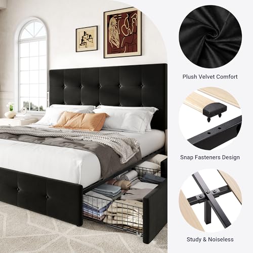 Image of Allewie Upholstered Full Size Platform Bed Frame with 4 Storage Drawers and Adjustable Headboard, Square Button Tufted, Wooden Slats Support, Noise-Free, No Box Spring Needed, Easy Assembly, Black