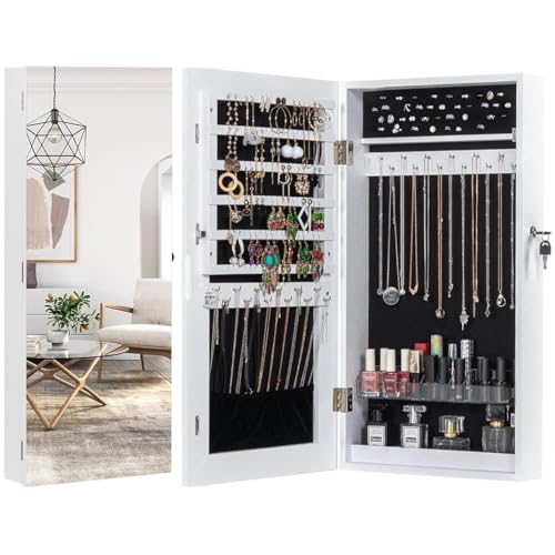 Armário de Joias Branco com Espelho Sem Moldura e Trava, Organizador de Bijoux com Compartimento para Batom, Montado na Parede ou Porta