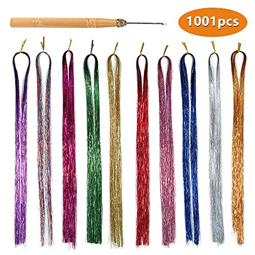 1000 Strands Hair Tinsel Strands Kit Colored Hair Extensions Multi-Colors Party Highlights Synthetic Hairpieces for Women Girls Kids Doll Hair（10 Colors +1 Crochet）