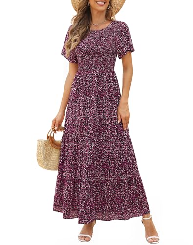 Image of Kranda Women 2025 Summer Fall Crewneck Short Sleeve Smocked Floral Maxi Dress