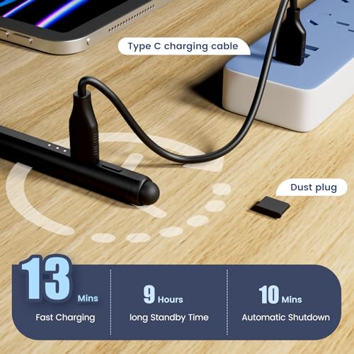 Image of Stylus Pen for iPad, Dual-Tip 13 mins Fast Charge Pencil for Apple, Palm Rejection, Tilt Sensitivity, Compatible w /iPad 6 /7 /8 /9 /10, Pro 11 /12.9in /M4, Air 3 /4 /5 /M2, Mini 5 /6 - Black