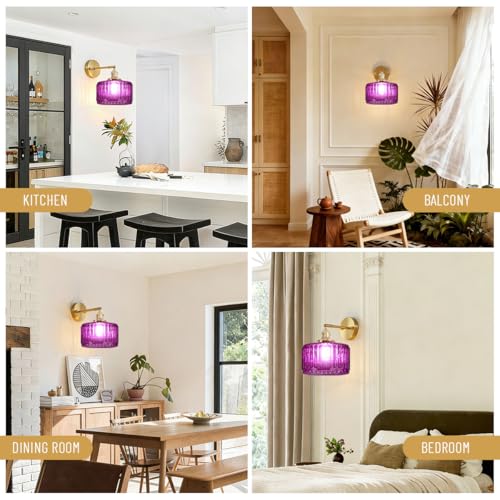 Image of Globe Glass Wall Sconce Purple Antique Vanity Light Striped Shade | Modern Vintage Decor Wall Light 6.7 inch Glass Shade Hardwired 1 Light E26 Base,Gold Brass Finish,Mirror,Living Bedroom,Hallway