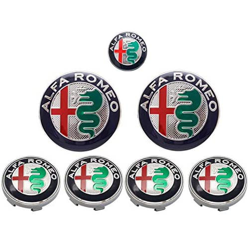 アルファロメオカーエンブレムバッジステッカー 74mmフロントリア2枚+ 40mmステアリングホイールバッジ1枚+ 60mmホイールセンターキャップエンブレム4枚 MiTo159 166 156 147 GTジュリアステルヴィオジュリエッタカー 計7pcs