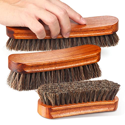 4 Pcs Horsehair Shine Shoes Brush Kit Polish Dauber Applicators Cleaning Leather Shoes Boots Care Brushes Suede Cleaner Brush with Microfiber Shoe Gloves(3 Pcs Shine Brush)