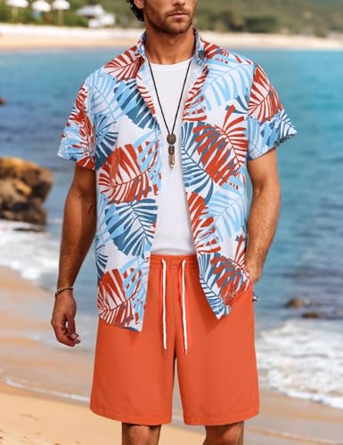 Yimoon Mens Summer Beach Vacation Outfits 2 Piece Tropical Short Sleeve Button Down Hawaiian Shirt and Shorts Set3